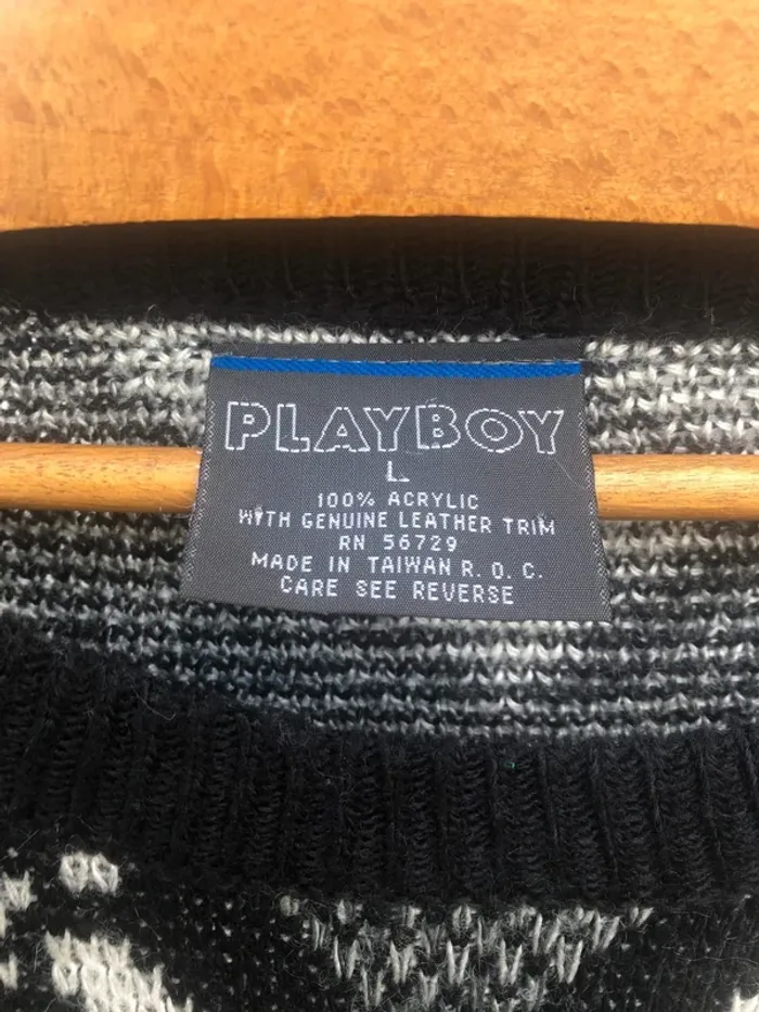 Playboy knit pullover vintage 80s black white Mens Large - photo numéro 2