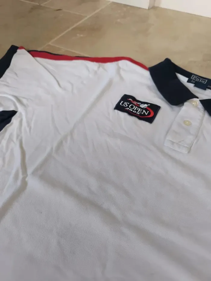 Joli Polo Ralph Lauren XXL blanc logo marine US Open 2008 collector tâché - photo numéro 7