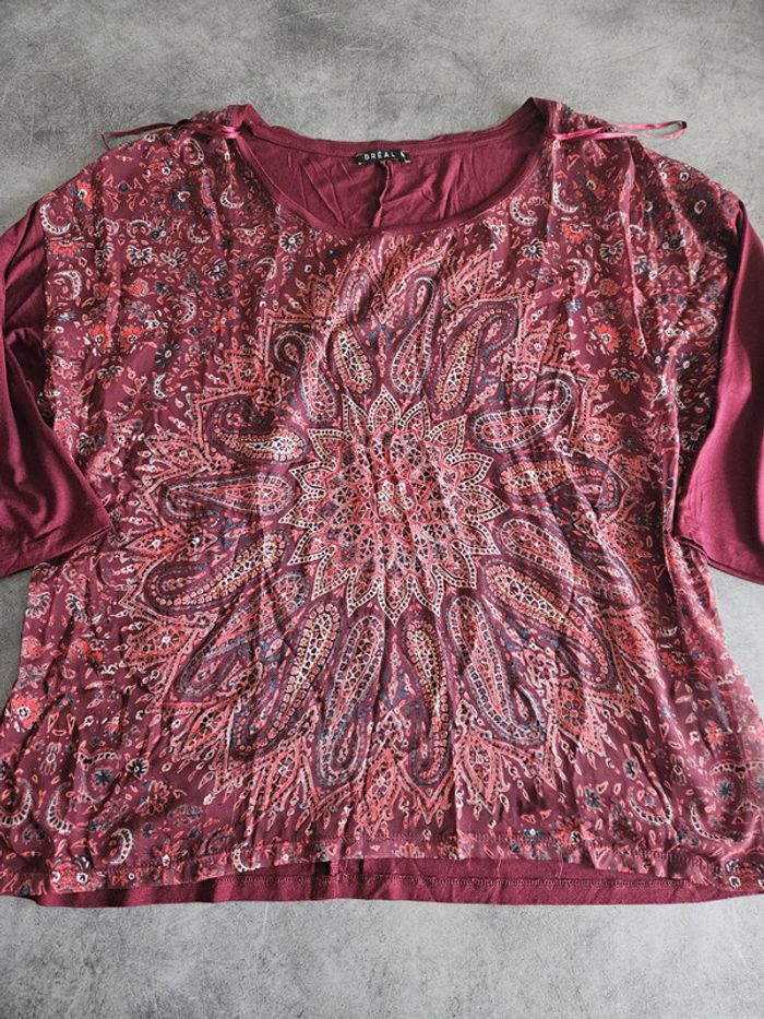 Blouse manches 3/4 femme - Taille 5 (44 / XXL) - Bréal - Bordeaux sérigraphie avec strass - photo numéro 5