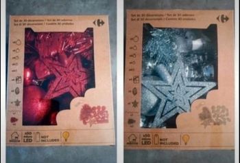 2 sets de 30 décorations 
30 décorations dans chaque boîte
1 boîte rouge et 1 argent
