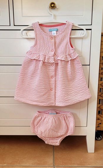 Magnifique Ensemble Robe et Culotte Vichy rose et blanc Obaïbi 3mois Neuf