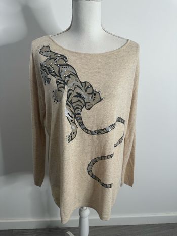 Pull oversize tigre beige crème strass en angora Jacqueline Riu T1 36 S