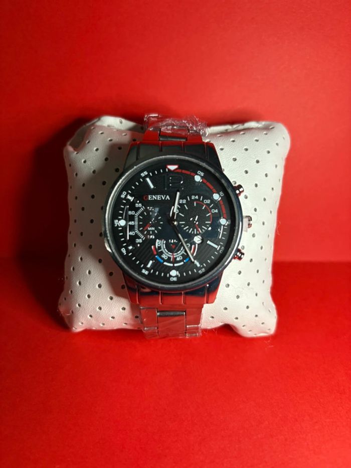 montre Geneva argenté avec cadran noir à quartz pour hommes avec date - photo numéro 2