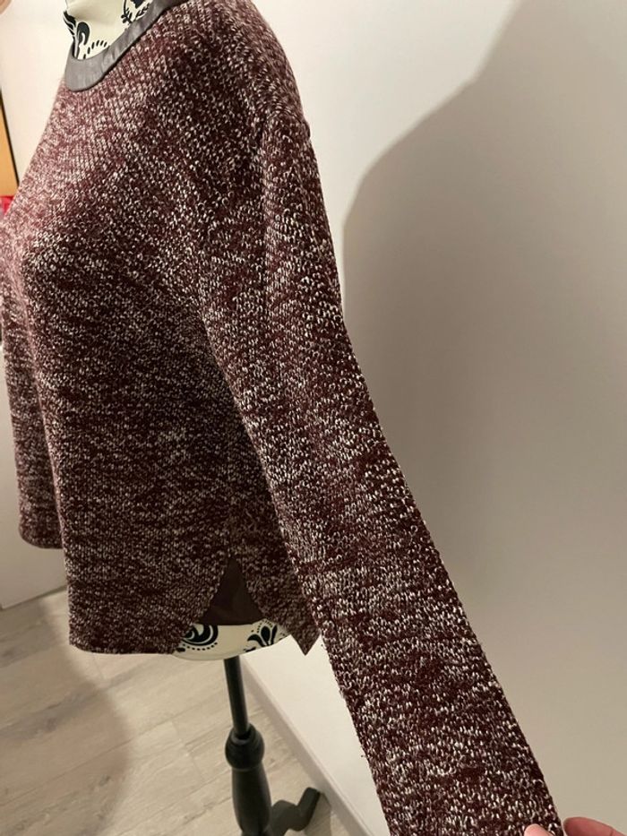Pull à manches longues bordeaux chiné blanc col et côté en similicuir mango taille S - photo numéro 4