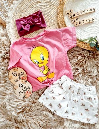Ensemble jupe fleurie tee-shirt Titi gros minet + bandeau Zara 6-9mois fille