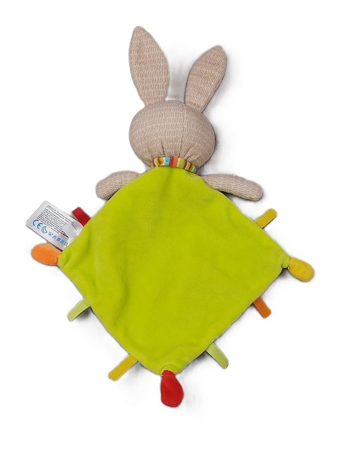 Doudou plat lapin beige OUATOO BABY bleu vert orange médaillon oiseau écharpe TTBE - photo numéro 2