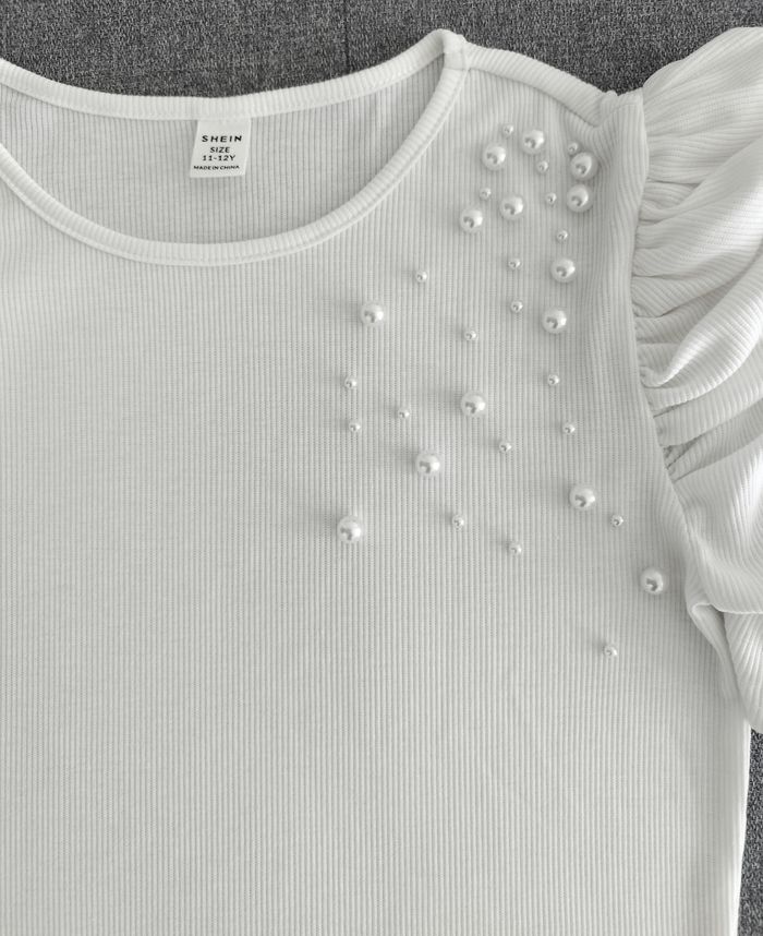 T-shirt blanc manches ballon avec perles - photo numéro 2