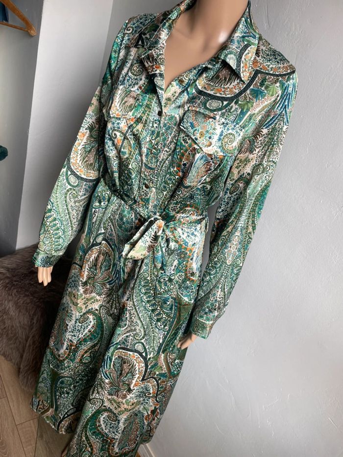 💚 Robe Chemise Longue Imprimé Paisley Vert & Blanc - Taille Unique, Excellent État 💚 - photo numéro 5
