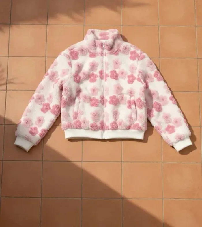 Veste douce zippée blanche à fleurs roses, taille S, style cozy cute bohème