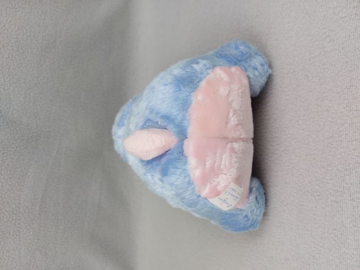 Peluche ancien doudou lapin BOULGOM bleu rose tissu rayé 26 cm vintage - photo numéro 4