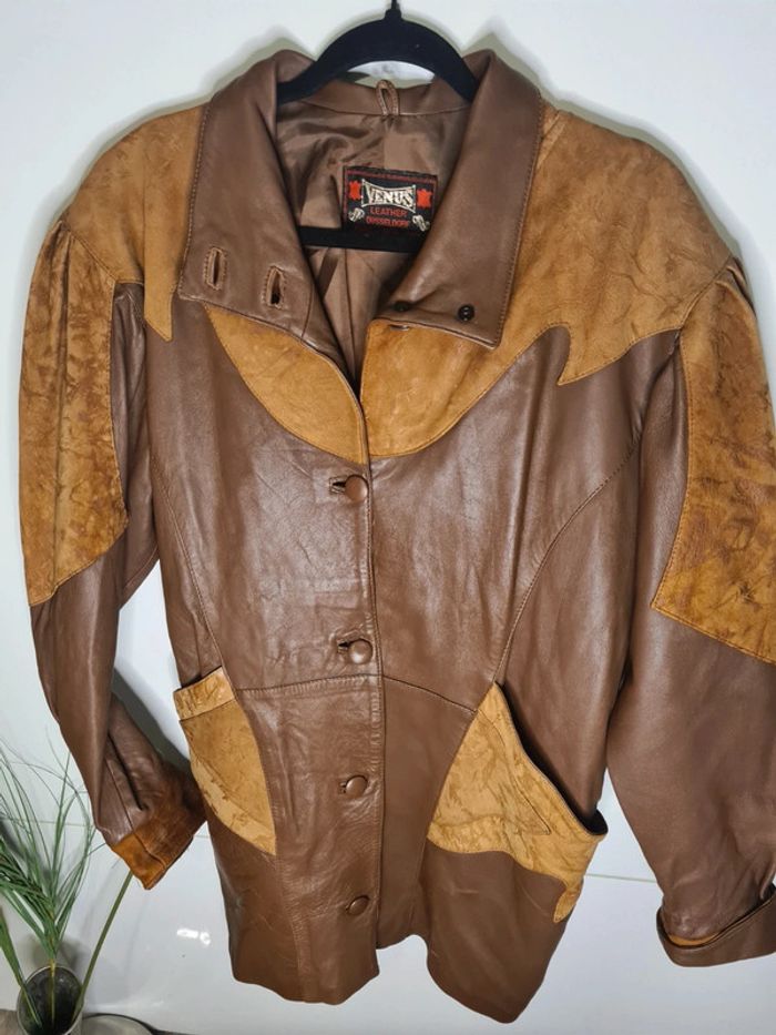 Blouson vintage mi long cuir marron daim et cuir