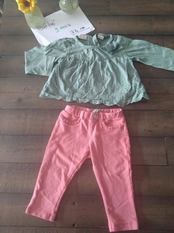 Lot été dépareillé jean pantalon rose et blouse verte bébé fille 9 mois
