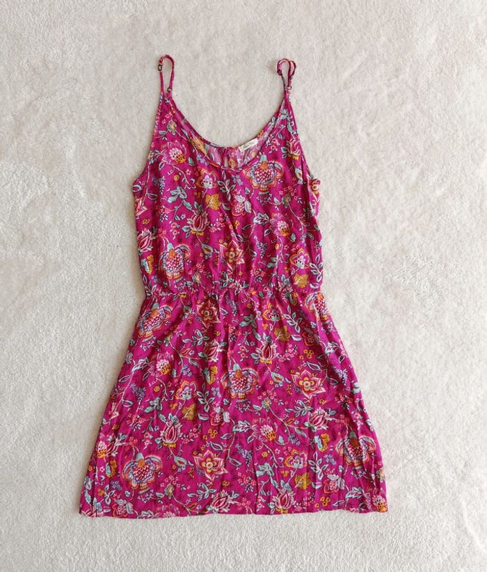 Robe d'été American Vintage S rose fuchsia motif fleuri feuillage taille élastique - photo numéro 5