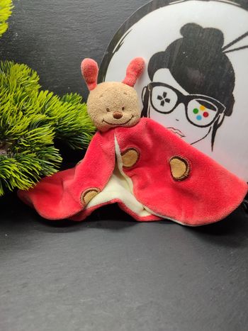 Doudou plat coccinelle papillon rouge bengy marron beige pois ancien vintage