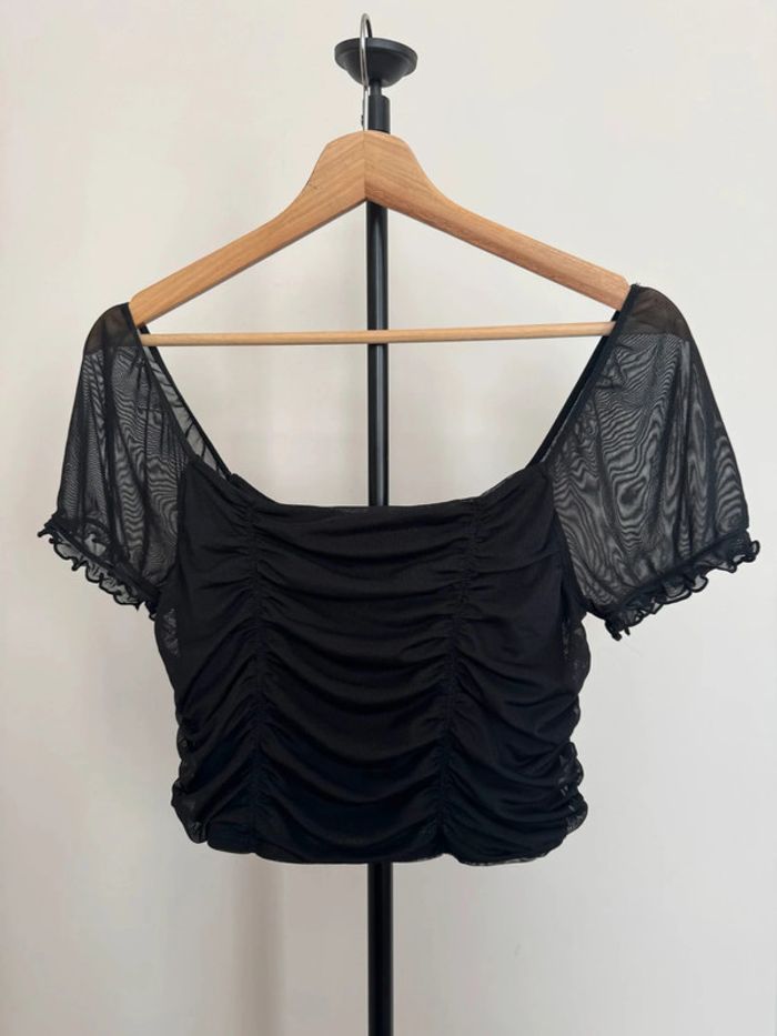 Top court à volants en tulle épaule nue noir M H&M