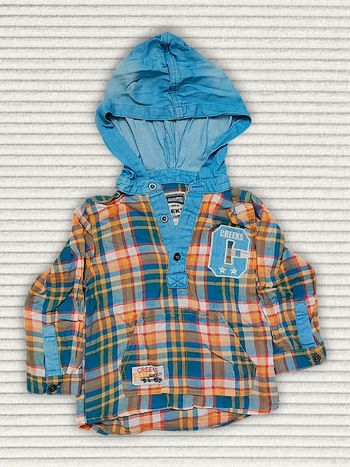 Chemise carreaux orange bleu capuche jean / Creeks - 24 mois