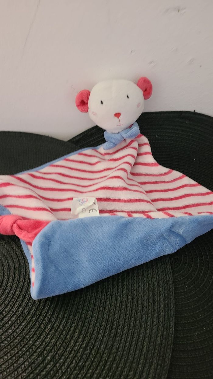 Doudou plat souris ours bleu rayé rouge Dodo d'amour MGM