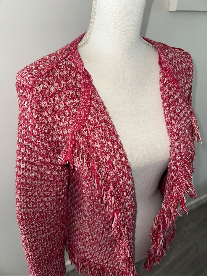 Blazer cardigan en tweed et franges rose fuchsia argenté et blanc Maje T3 40 L - photo numéro 2