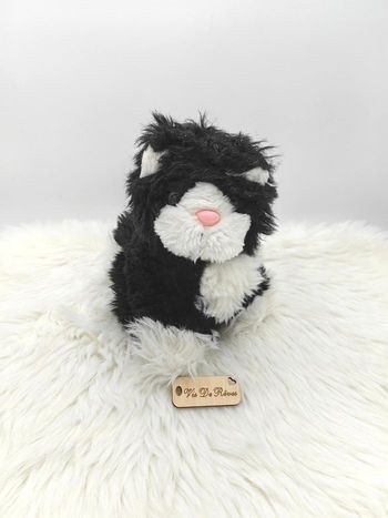 Doudou peluche chat noir et blanc nez rose Vintage