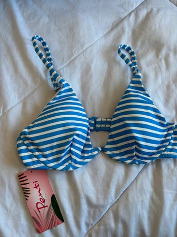 Haut de maillot de bain bikini bleu blanc rayé penti taille XS/34 neuf