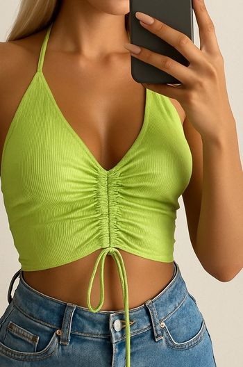 💚 Haut vert citron côtelé froncé coupe dos nu taille Xs.