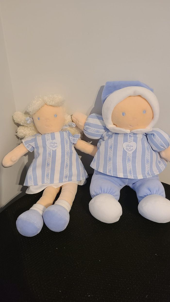 DOUDOU PELUCHE POUPÉE CHIFFON TARTINE ET CHOCOLAT BLEU BLANC RAYÉ 24CM Doudou Poupée Blonde Couette - photo numéro 4