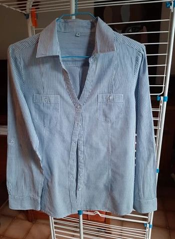 Joli chemisier femme décolleté cintré rayé bleu/blanc taille 38