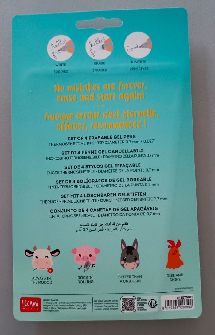 Lot de 4 stylos effaçables Legami neufs thème Animaux de la ferme - photo numéro 8