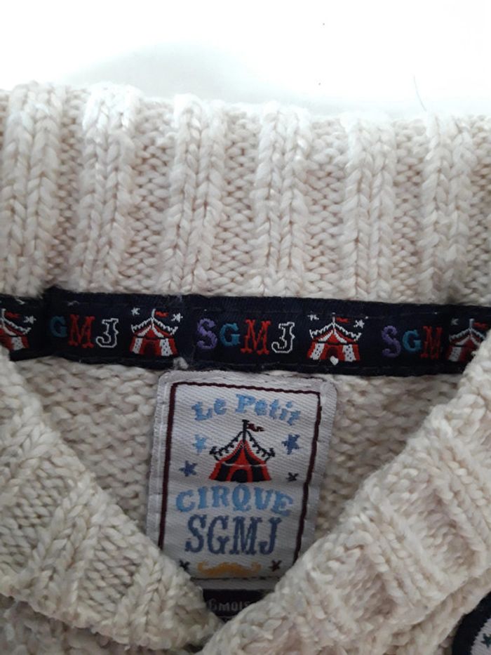 Gilet en maille blanc/bordure bleu marine Le Petit Cirque SGMJ motif en relief, bébé 6 mois 68 cm - photo numéro 2