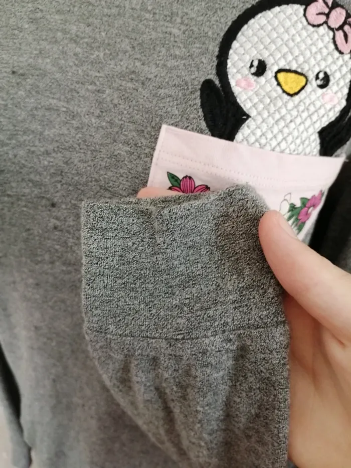 Tee-shirt manches longues gris avec poche et broderie pingouin / fb sister / (L) - photo numéro 5