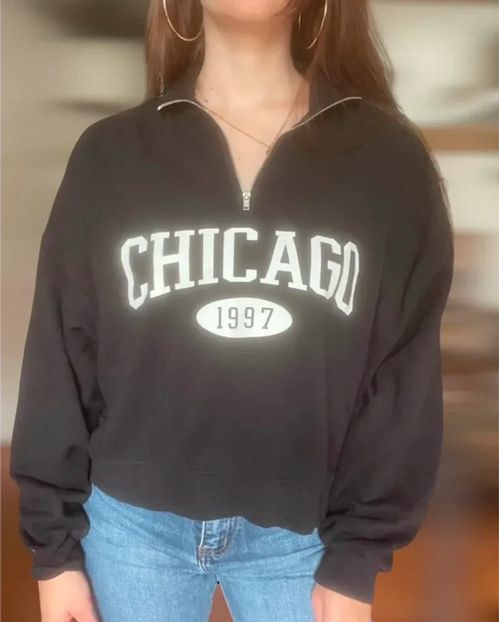 Sweat pull col camionneur à zip noir Chicago blanc oversize streetwear - photo numéro 2