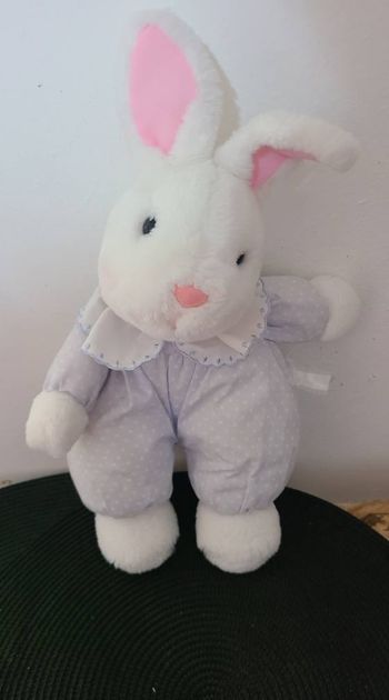 Peluche Doudou Lapin JEMINI Bleu Pois Collerette Blanc Nez Rose 26 Cm