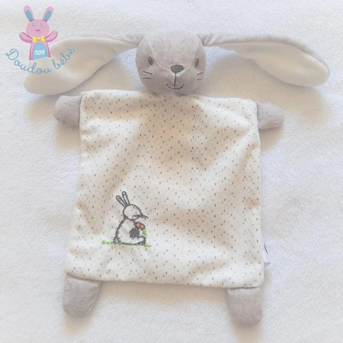 Doudou plat Lapin blanc gris herbe carotte Mots d'Enfants