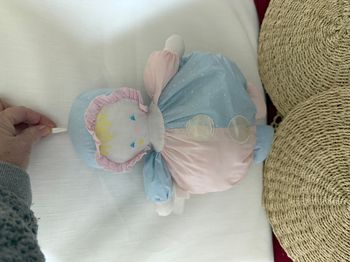 Ancienne vintage Poupee tissu chiffon  bleu rose mundia