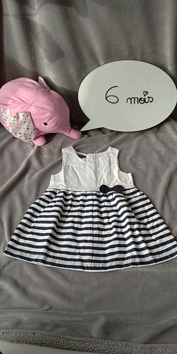 Robe doublée sans manche Fille 6 mois Kiabi blanc et bleu foncé rayée avec petit noeud