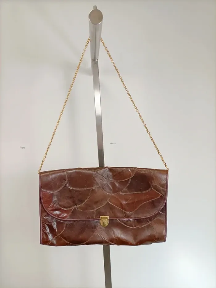 sac à main Vintage - Léger en cuir avec chainette dorée patchwork cuir - photo numéro 2