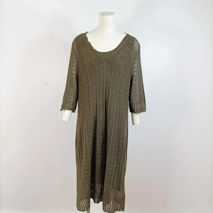 Robe kaki ajourée en maille crochet style bohème avec fond de robe intégré – T.M estimée A923