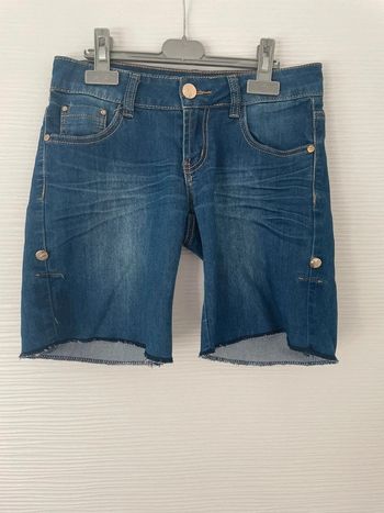 Pantacourt bermuda short long en simili jean bleu foncé avec poches