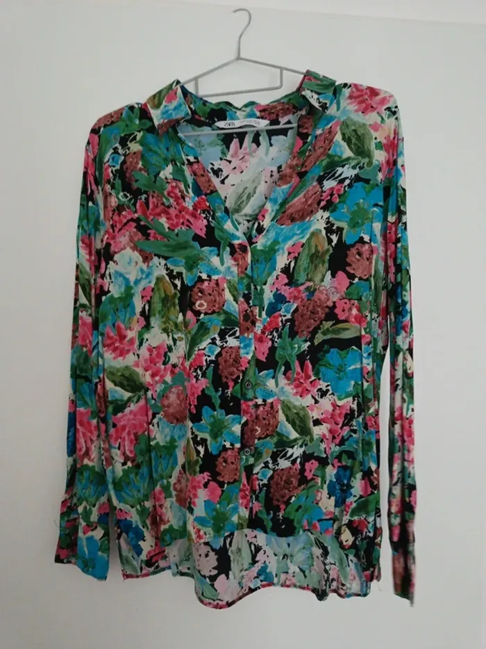 Chemise manches longues motifs peinture rose vert bleu M Zara - photo numéro 5
