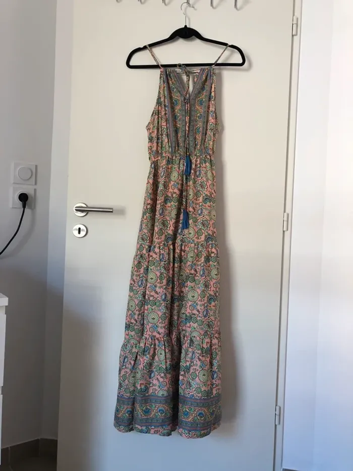 Robe longue fluide rose et vert à motif soie Vintage Silk taille unique - photo numéro 4