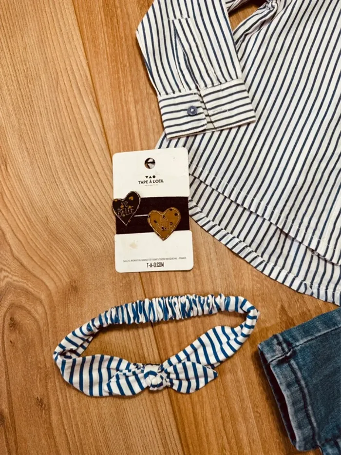 Taille 3 ans tenue 4 pièces fille TAO bleu * rayures * 🩷 - photo numéro 4