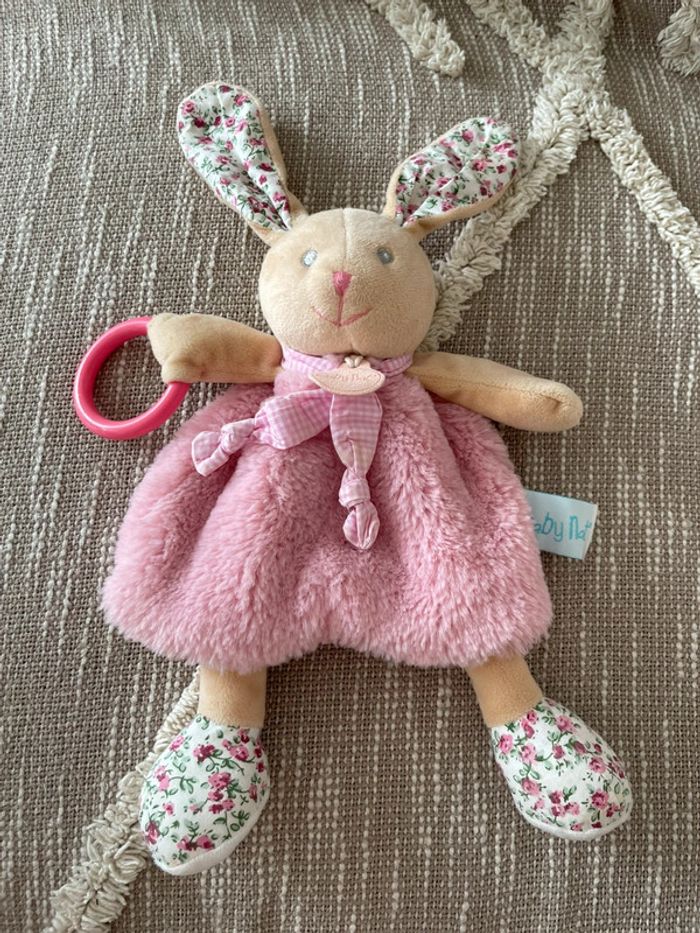 Peluche doudou plat 24cm Baby Nat Lapin beige et rose poudré clair très bon état