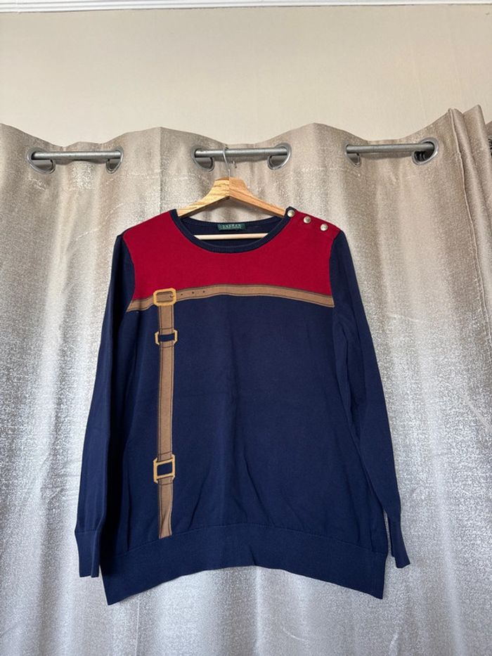Pull Ralph Lauren Navy & Rouge – Détails Ceinture – Taille M