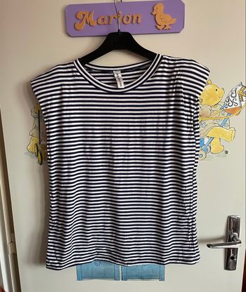 Tee shirt à épaulettes à rayures bleu marine et blanches, taille unique, marque New Collection