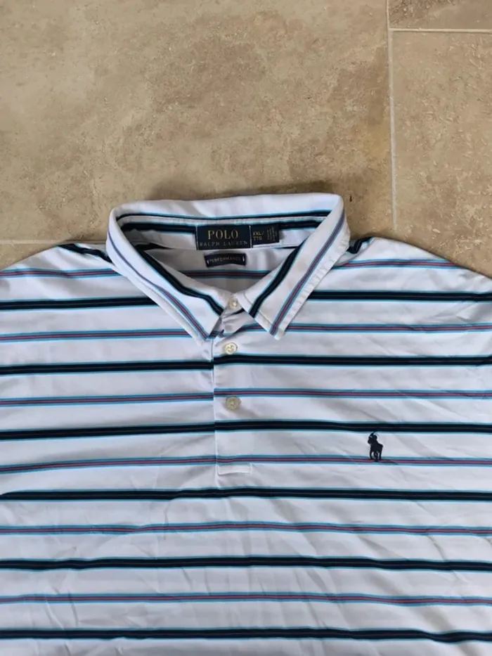 Polo Ralph Lauren homme Performance XXL blanc rayures logo marine comme neuf - photo numéro 3