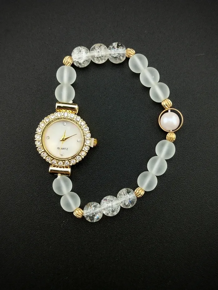 Montre-bracelet perle, blanc, nacré, doré - photo numéro 3