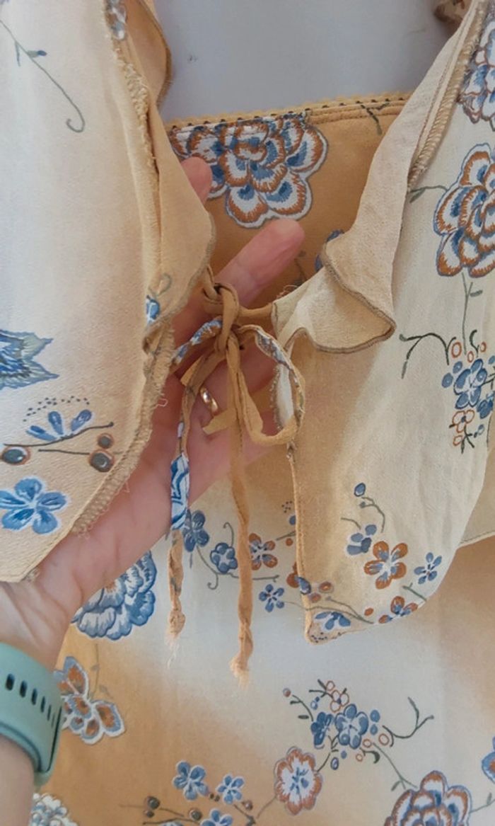 Superbe ensemble fluide Vintage beige bleu jupe et veste boléro T38 - photo numéro 6