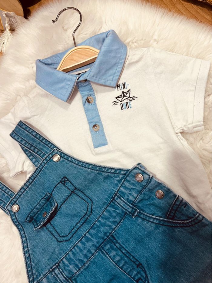 Taille 18 mois ensemble 2 pièces d’été garçon Kiabi bleu jean et Blanc * salopette * 💙 - photo numéro 2