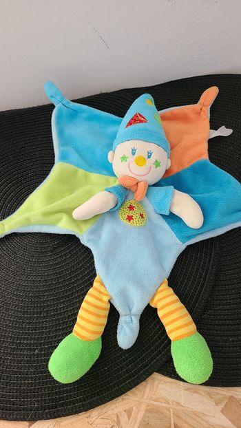 Doudou plat garçon lutin clown bleu orange vert NICOTOY