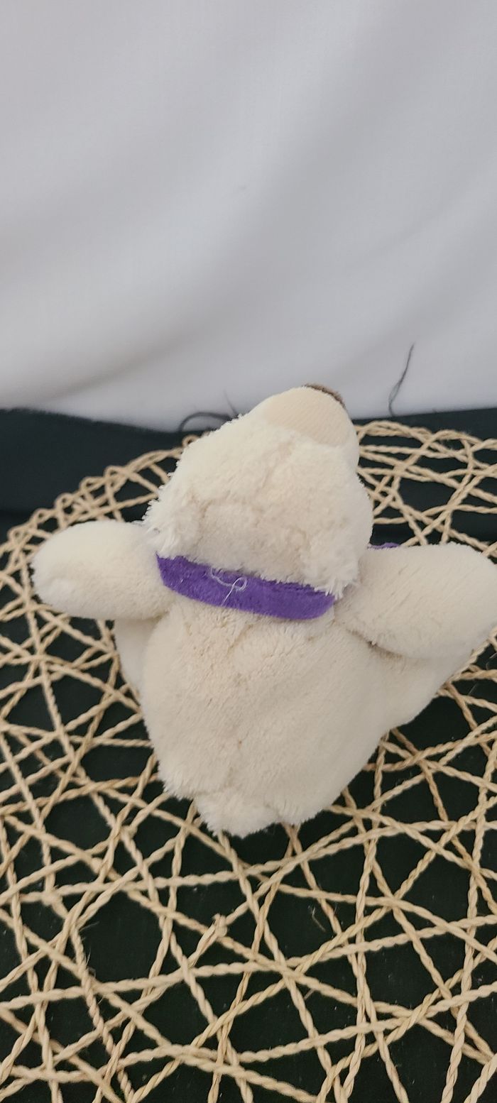 Doudou Ours GIPSY Blanc Polaire Echarpe Violet Mauve Peluche 13 Cm Assis - photo numéro 2